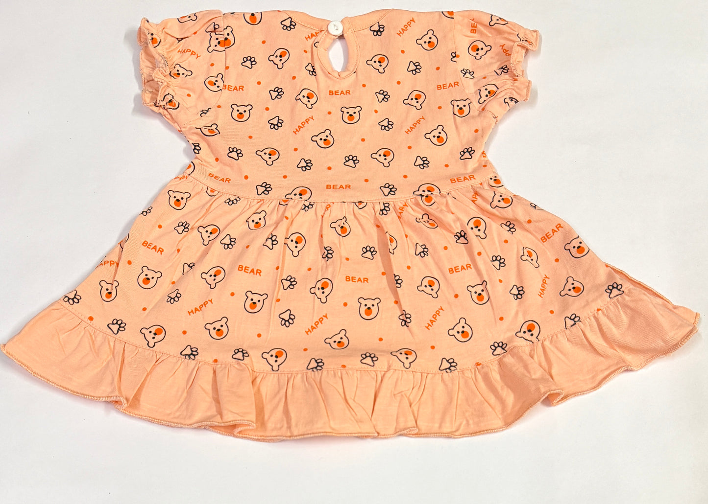 Peach Bear Print Baby Frock Set for Girls – Size S (3–6 Months)