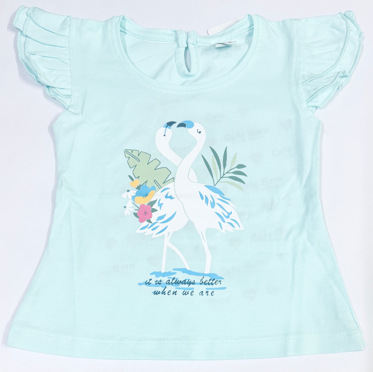dust blue Flamingo Top & Navy Shorts Set for Baby Girls – Size L (9–12 Months)