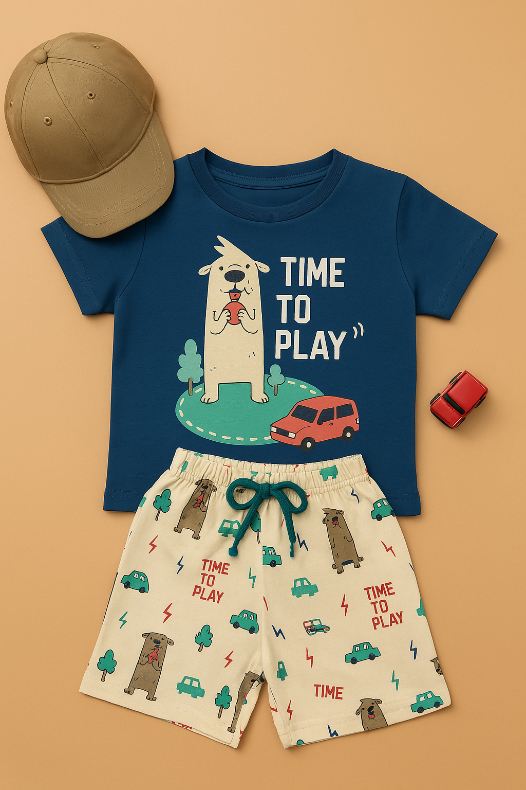 Mini Hug Blue “Time to Play” T-Shirt & Printed Shorts Set – Zero Size (0–3 Months)