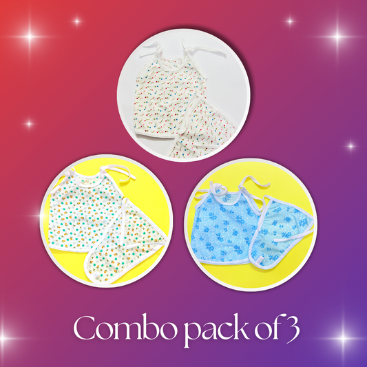 Combo Pack of 3 - Baby Cotton Nappy Tops with Tie-Up Sleeves (Unisex)