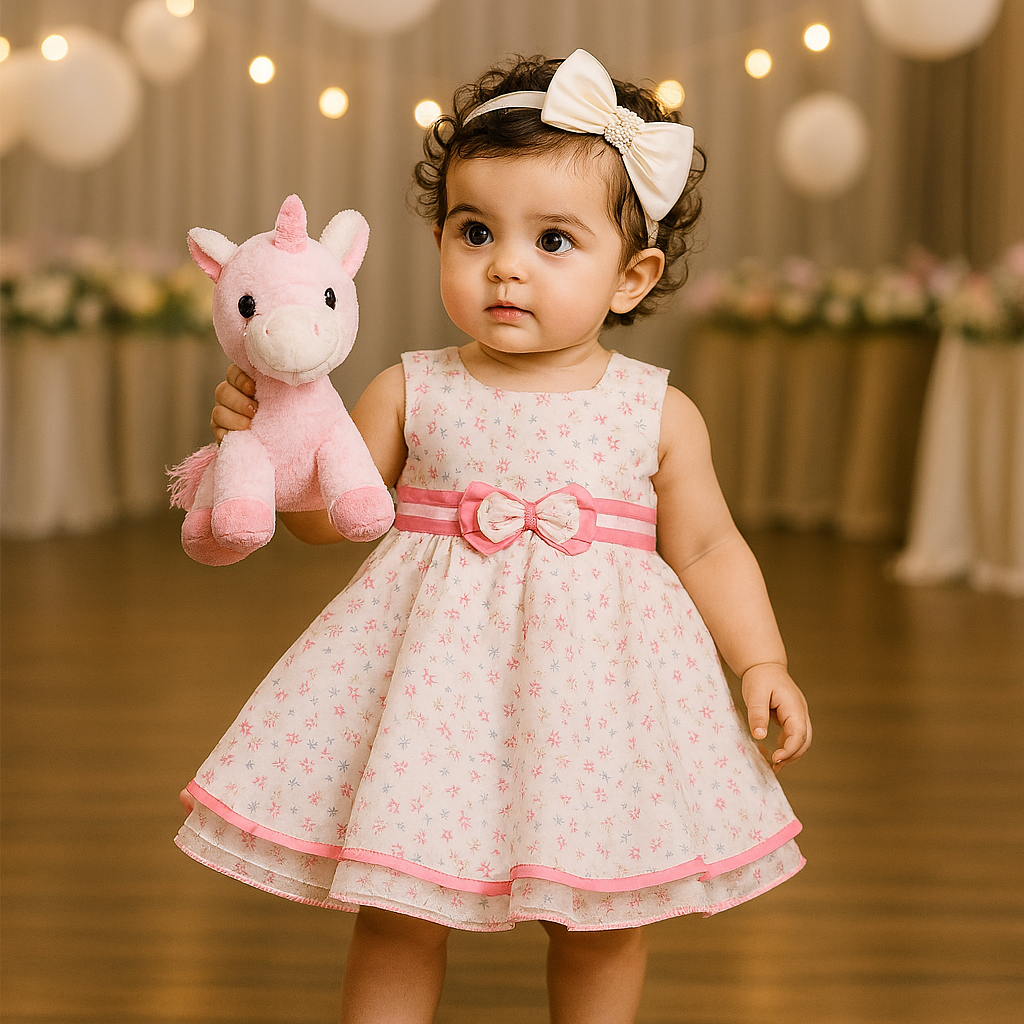 MINIHUG Floral Layered Baby Girl Frock with Pink Bow