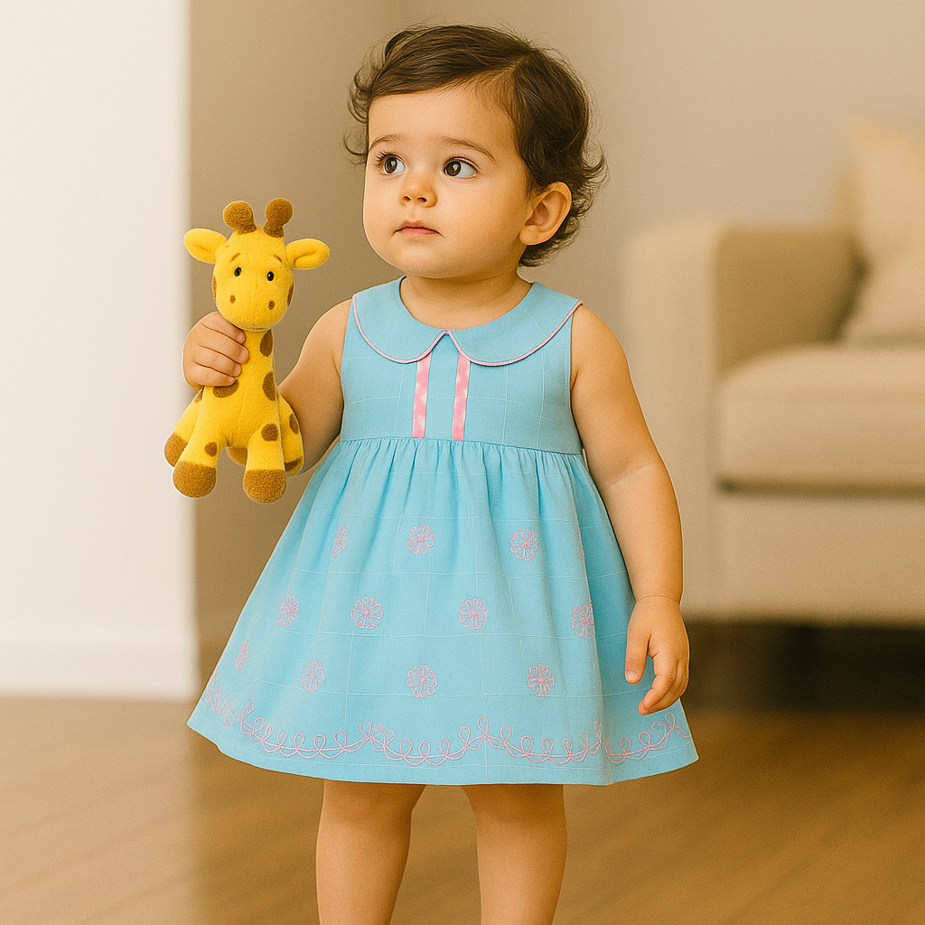Floral Embroidery  Sky Blue Baby Girl Frock