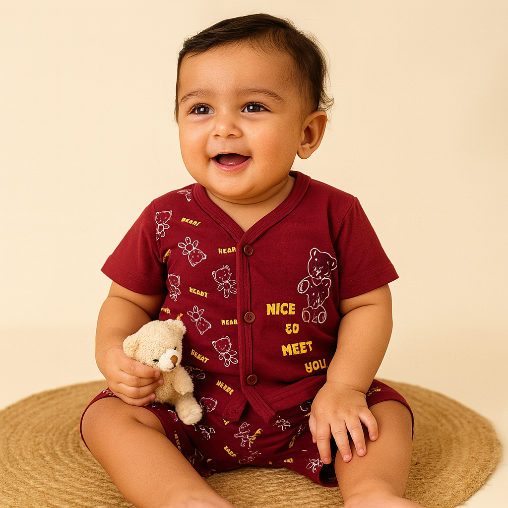 MINIHUG Beary Maroon Cotton Co-ord Set for Babies (3-6 Months) – Unisex