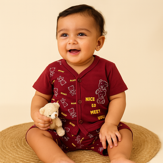 MINIHUG Beary Maroon Cotton Co-ord Set for Babies (3-6 Months) – Unisex