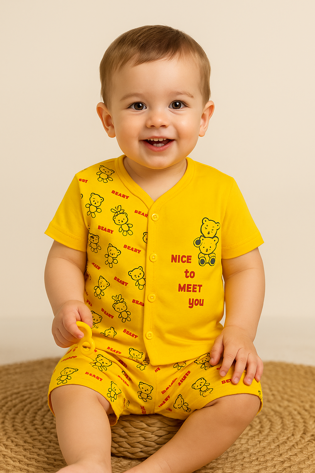 Beary YELLOW Cotton Co-ord Set for Babies (6-12 Months) – Unisex