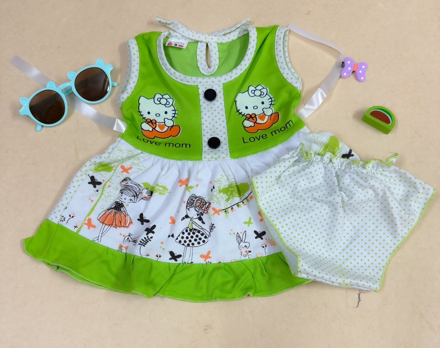 Baby Girl Cotton Dress Set – Green & White 'Love Mom' Print with Matching Bottom | Summer Wear"
