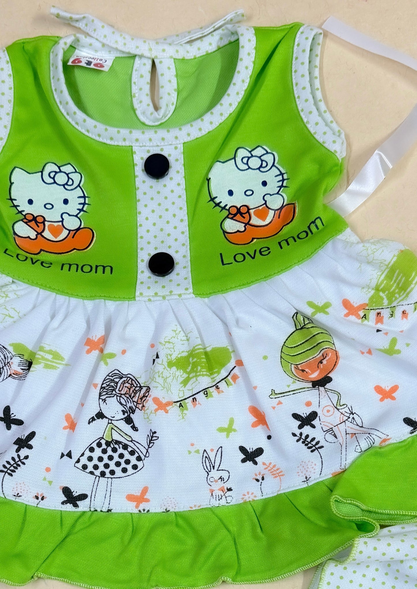 Baby Girl Cotton Dress Set – Green & White 'Love Mom' Print with Matching Bottom | Summer Wear"