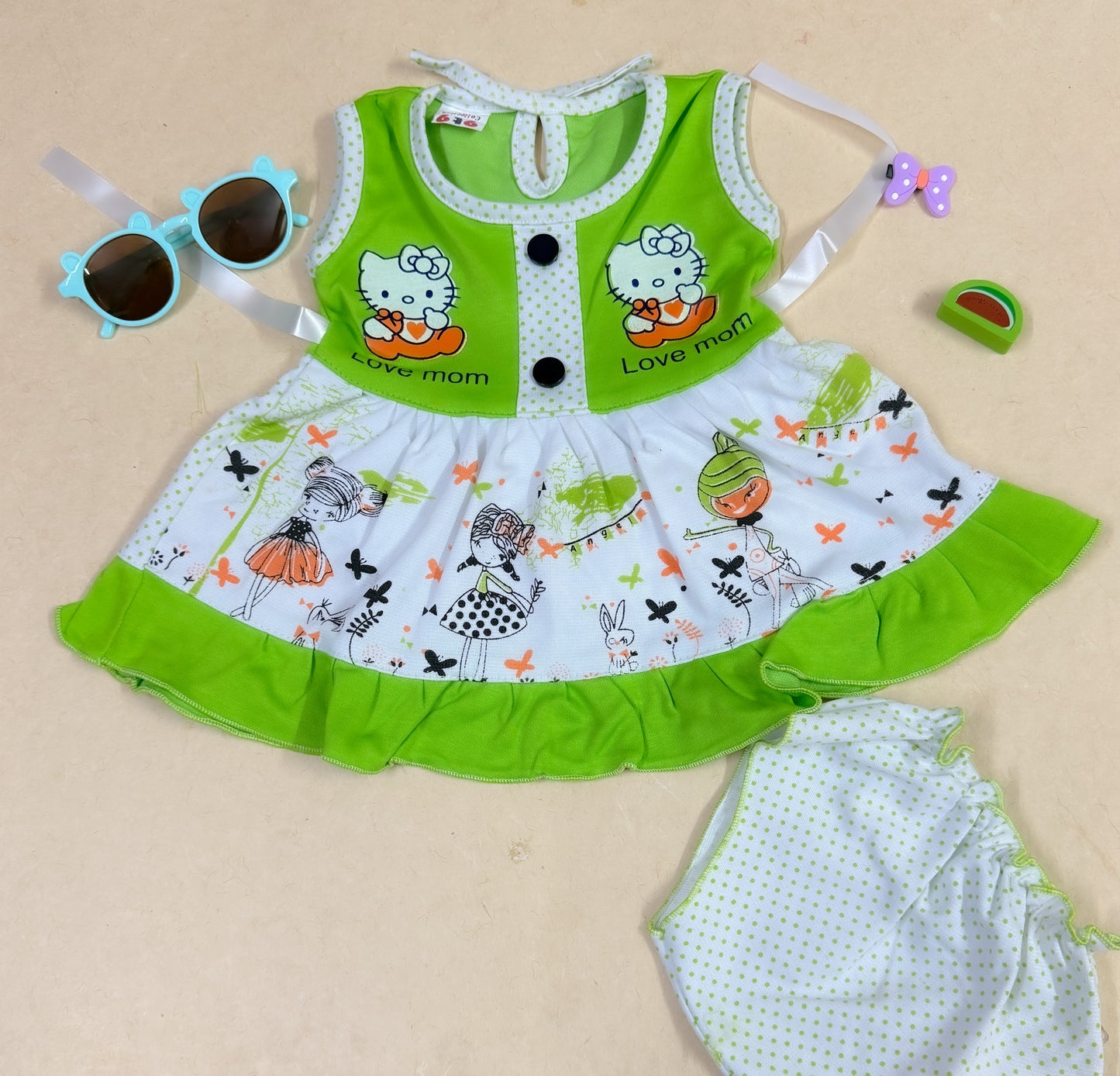 Baby Girl Cotton Dress Set – Green & White 'Love Mom' Print with Matching Bottom | Summer Wear"