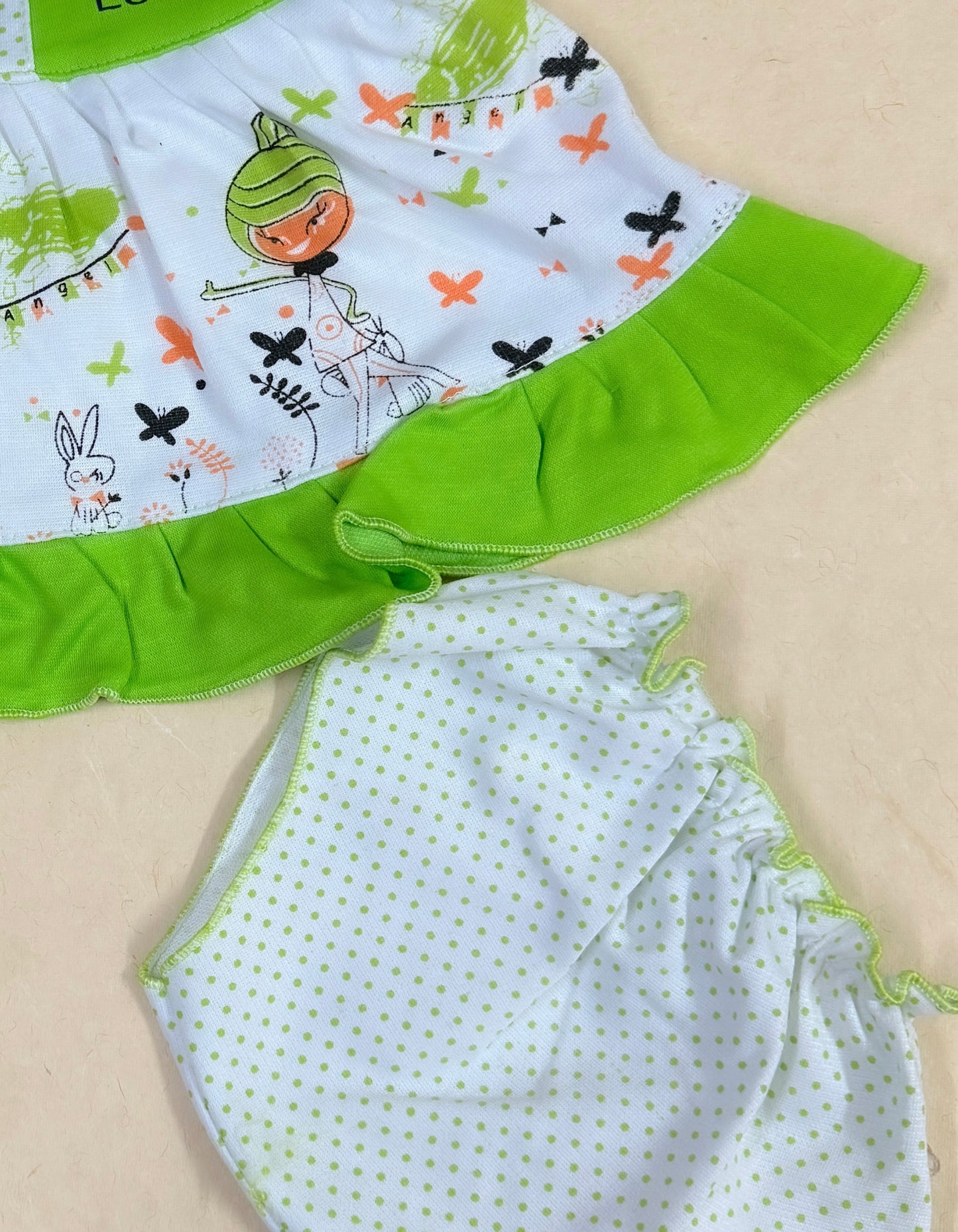 Baby Girl Cotton Dress Set – Green & White 'Love Mom' Print with Matching Bottom | Summer Wear"