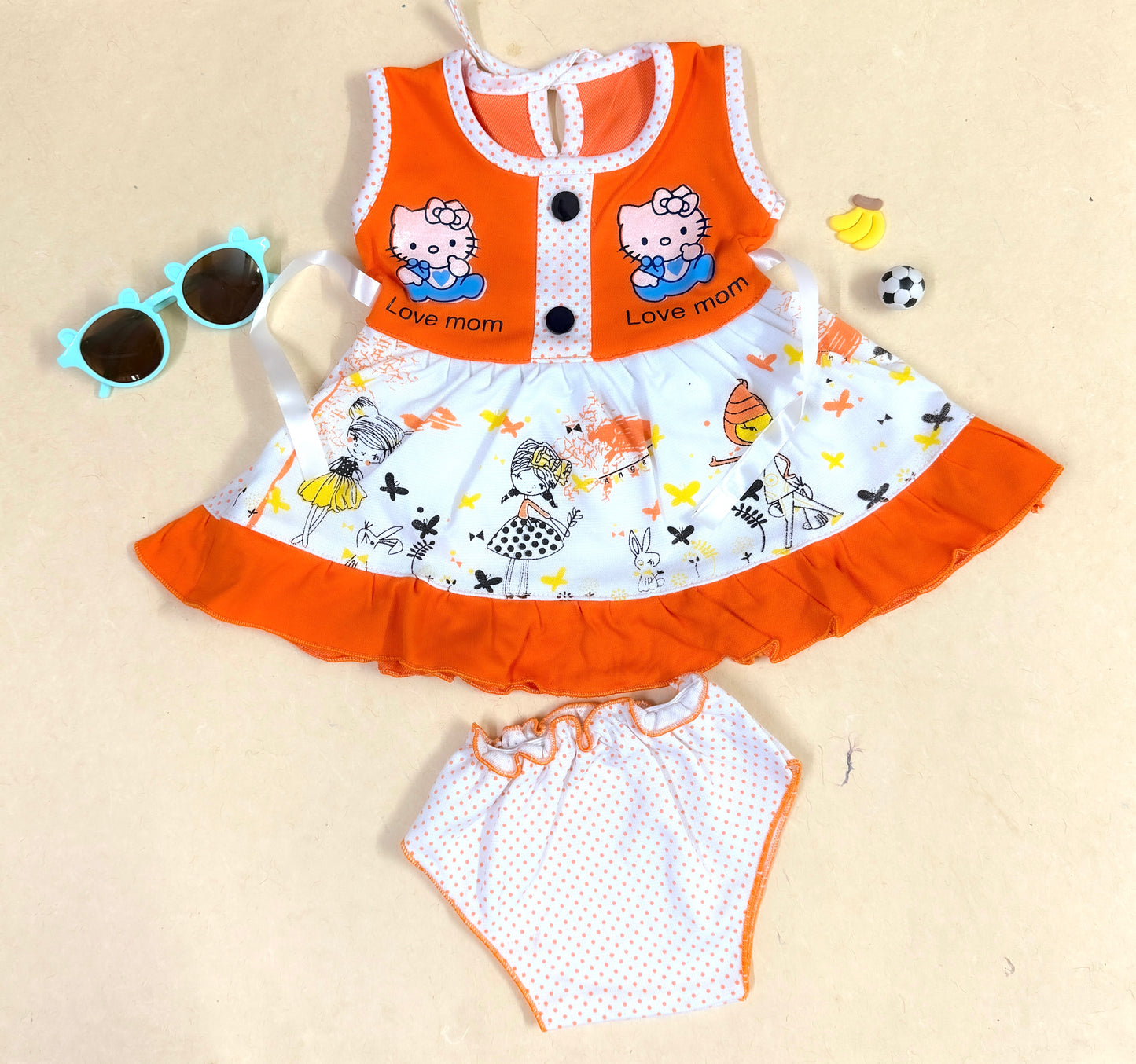 Baby Girl Cotton Dress Set – Green & White 'Love Mom' Print with Matching Bottom | Summer Wear"