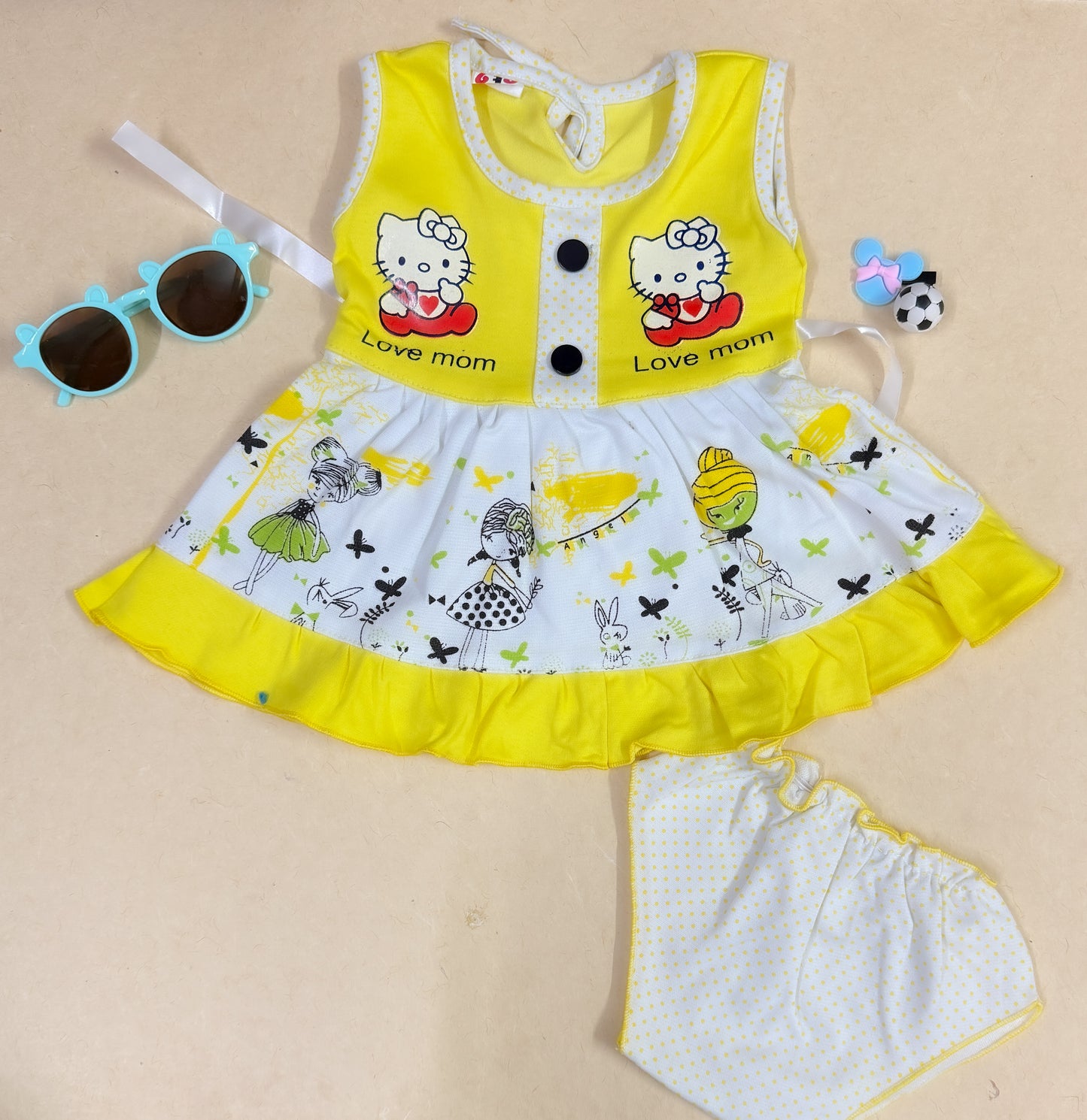 Baby Girl Cotton Dress Set – Green & White 'Love Mom' Print with Matching Bottom | Summer Wear"