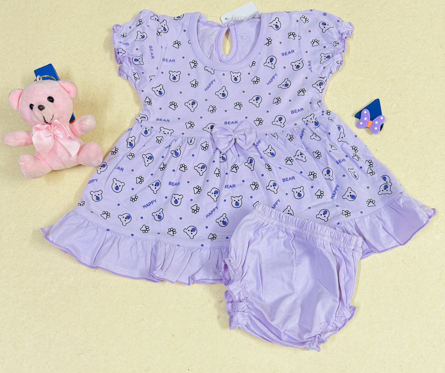Lavender Bear Print Dress & Bloomer Set for Baby Girls ( 6-9) Months
