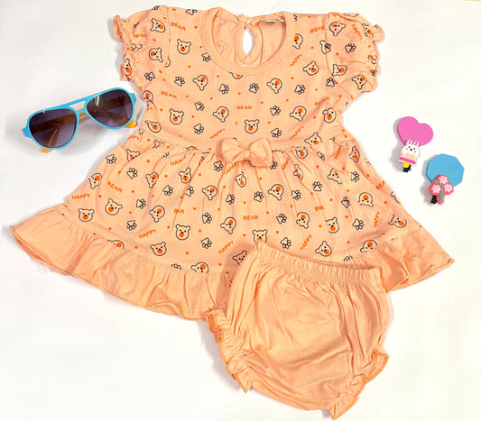 Peach Bear Print Baby Frock Set for Girls – Size S (3–6 Months)