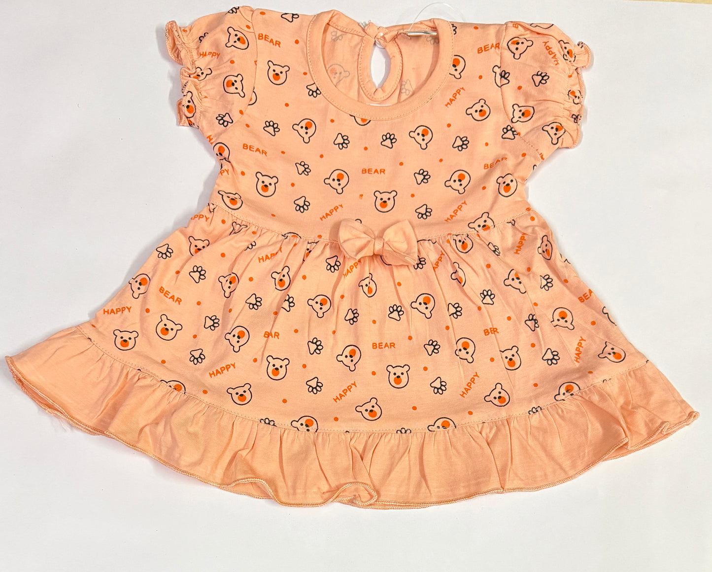 Peach Bear Print Baby Frock Set for Girls – Size S (3–6 Months)