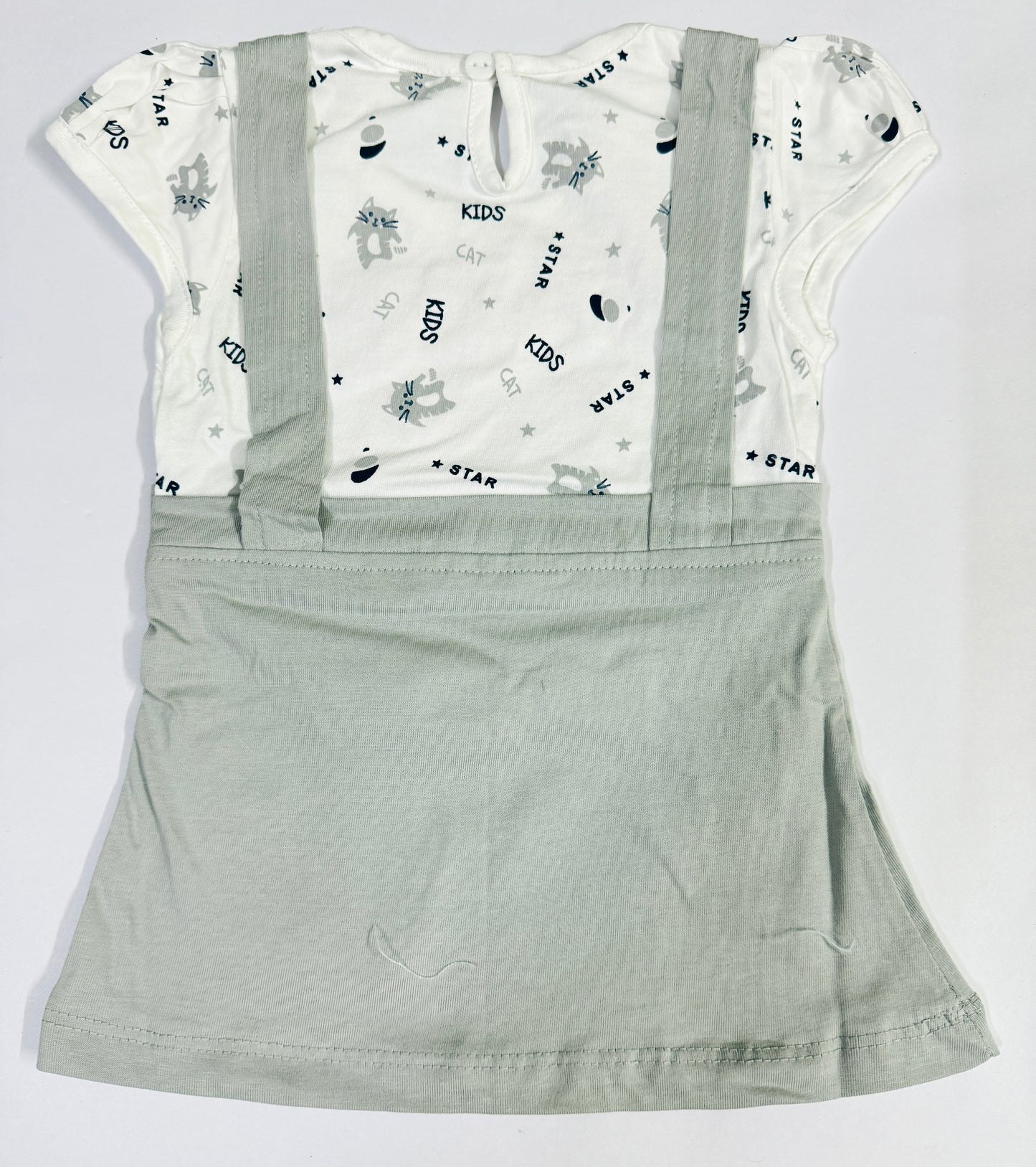 Cute Grey Suspender Dress Set with Printed Tee & Bloomers – Size L (12–18 Months)