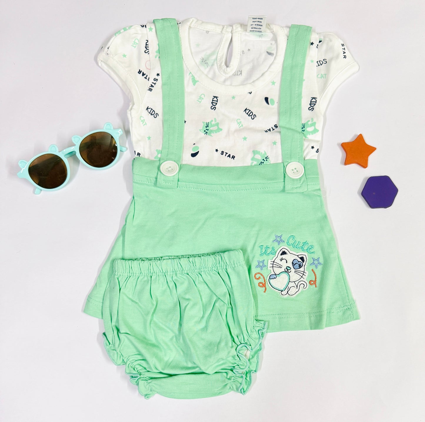 Mint Green Kitty Print Dungaree Dress Set for Baby Girls – Size M (6–12 Months)