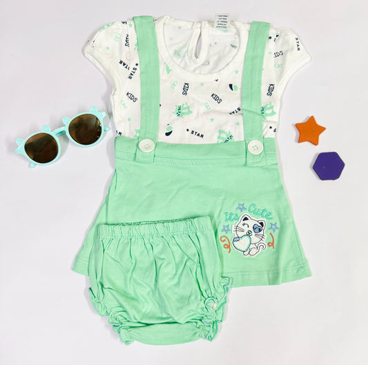 Mint Green Kitty Print Dungaree Dress Set for Baby Girls – Size M (6–12 Months)