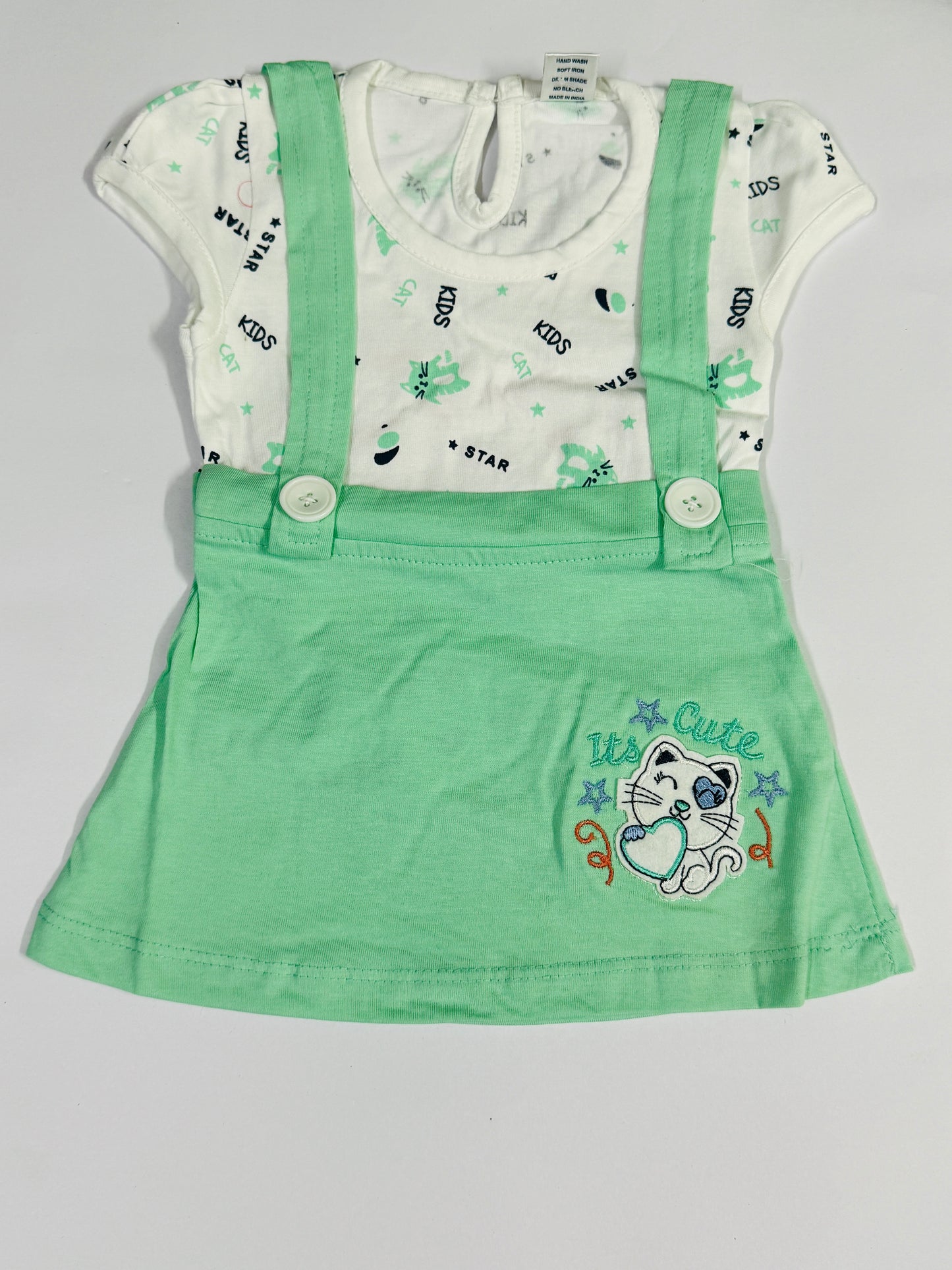 Mint Green Kitty Print Dungaree Dress Set for Baby Girls – Size M (6–12 Months)