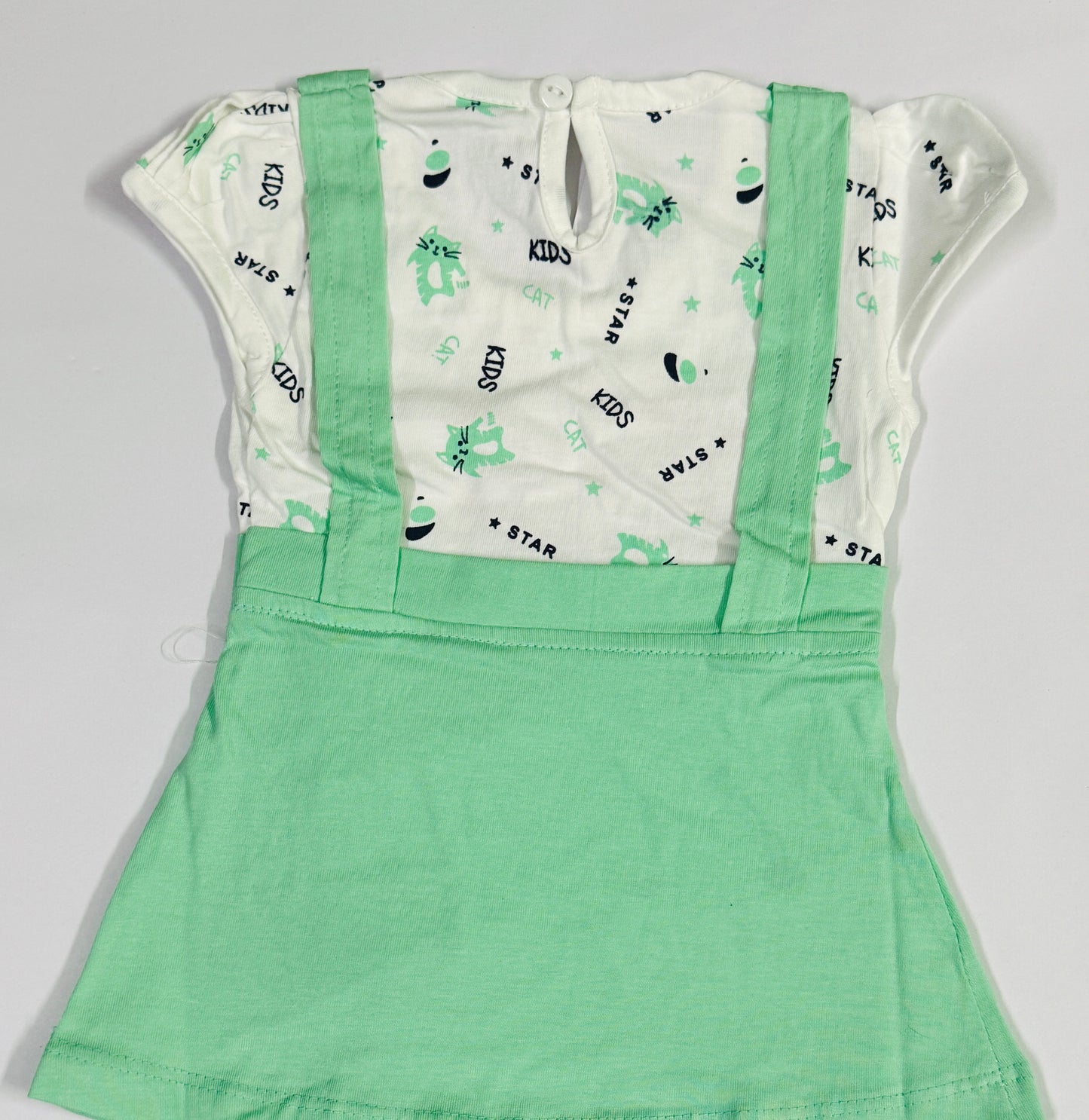 Mint Green Kitty Print Dungaree Dress Set for Baby Girls – Size M (6–12 Months)