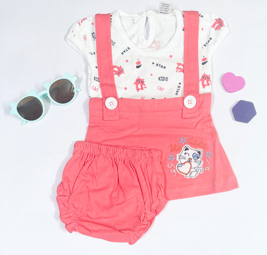 Pink Suspender Style Baby Girl Set with "It's Cute" Cat Print – Size S (0–6 Months)