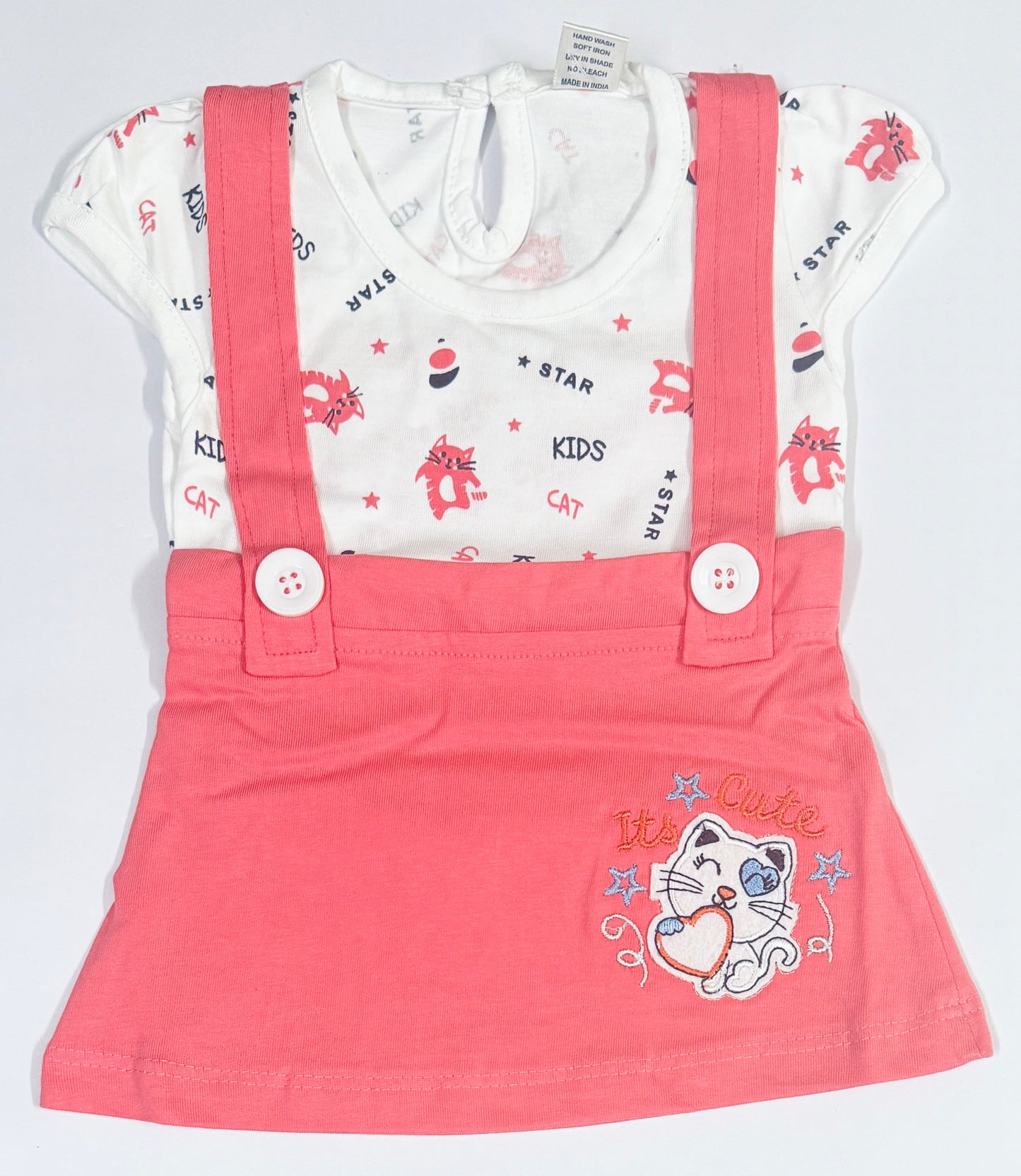 Pink Suspender Style Baby Girl Set with "It's Cute" Cat Print – Size S (0–6 Months)