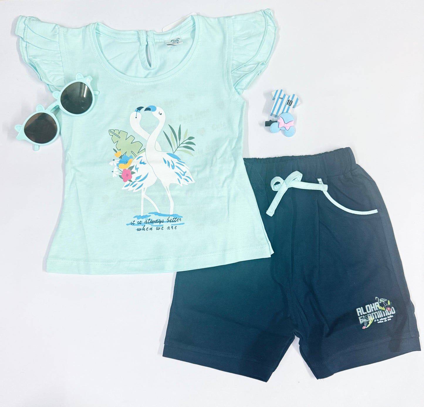 dust blue Flamingo Top & Navy Shorts Set for Baby Girls – Size L (9–12 Months)