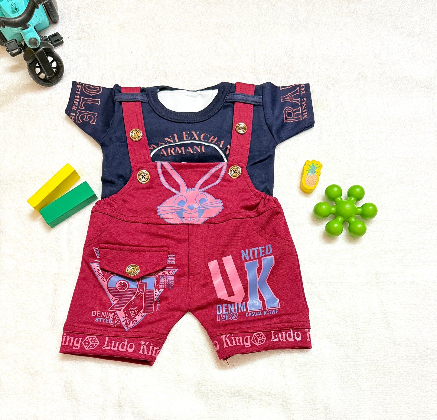 "Cute Bunny Print Baby Boy/Girl Dungaree Shorts & T-Shirt Set - Ludo King & UK Graphic Design"