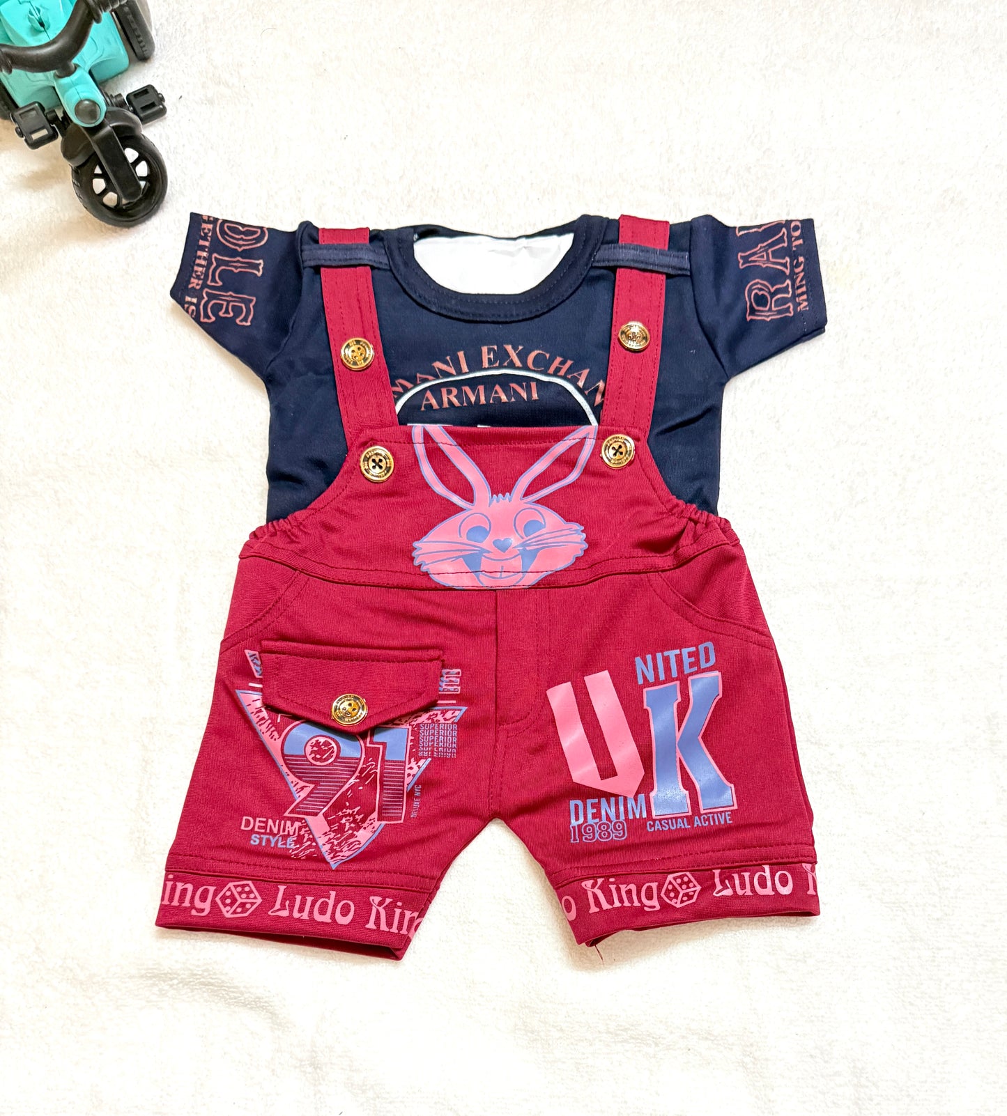 "Cute Bunny Print Baby Boy/Girl Dungaree Shorts & T-Shirt Set - Ludo King & UK Graphic Design"