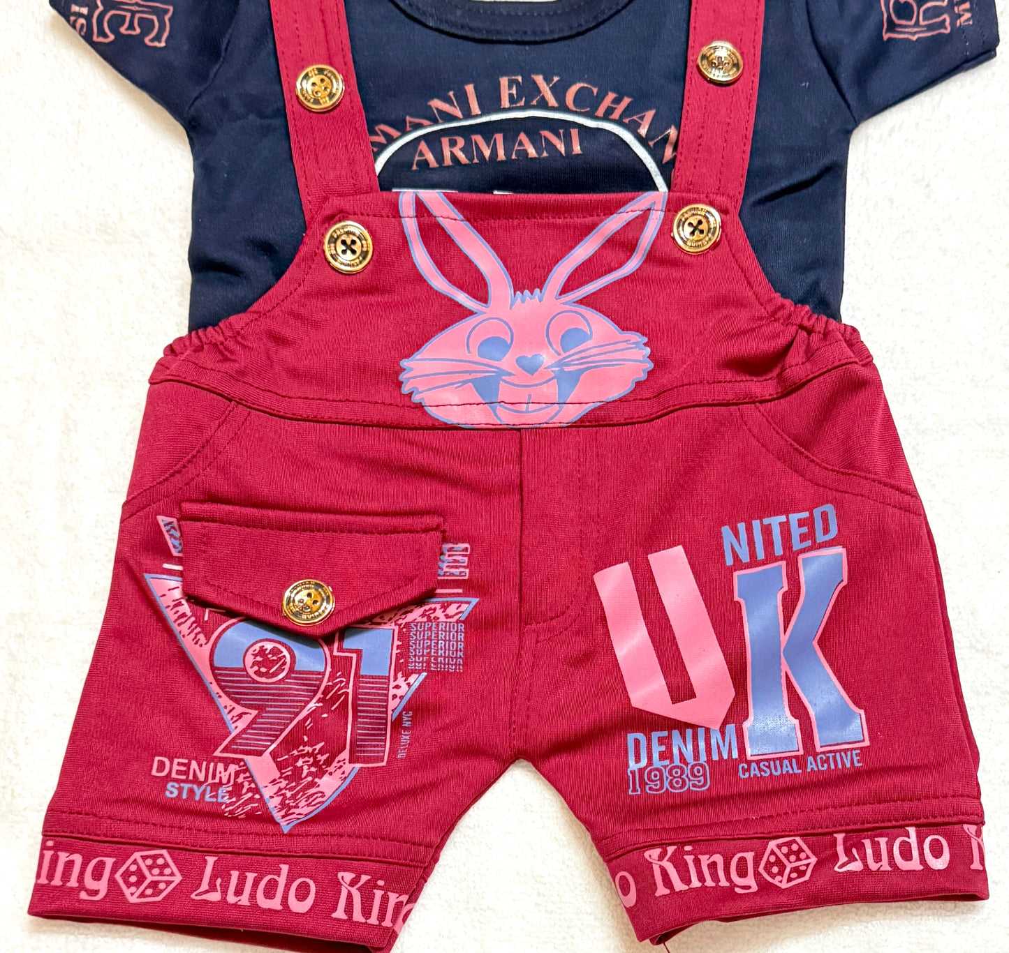 "Cute Bunny Print Baby Boy/Girl Dungaree Shorts & T-Shirt Set - Ludo King & UK Graphic Design"