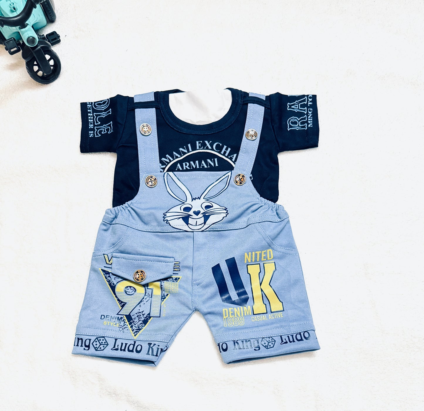 "Cute Bunny Print Baby Boy/Girl Dungaree Shorts & T-Shirt Set - Ludo King & UK Graphic Design"