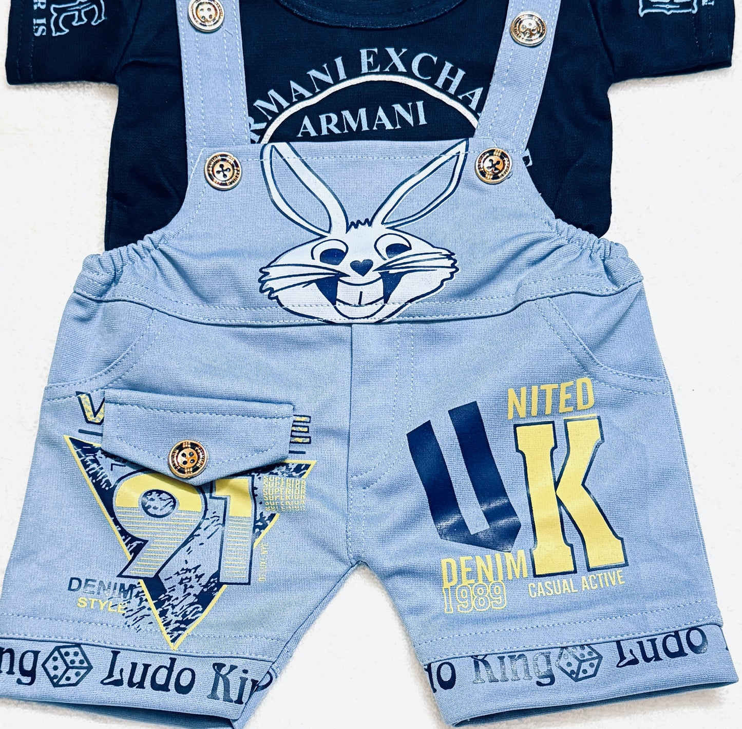 "Cute Bunny Print Baby Boy/Girl Dungaree Shorts & T-Shirt Set - Ludo King & UK Graphic Design"