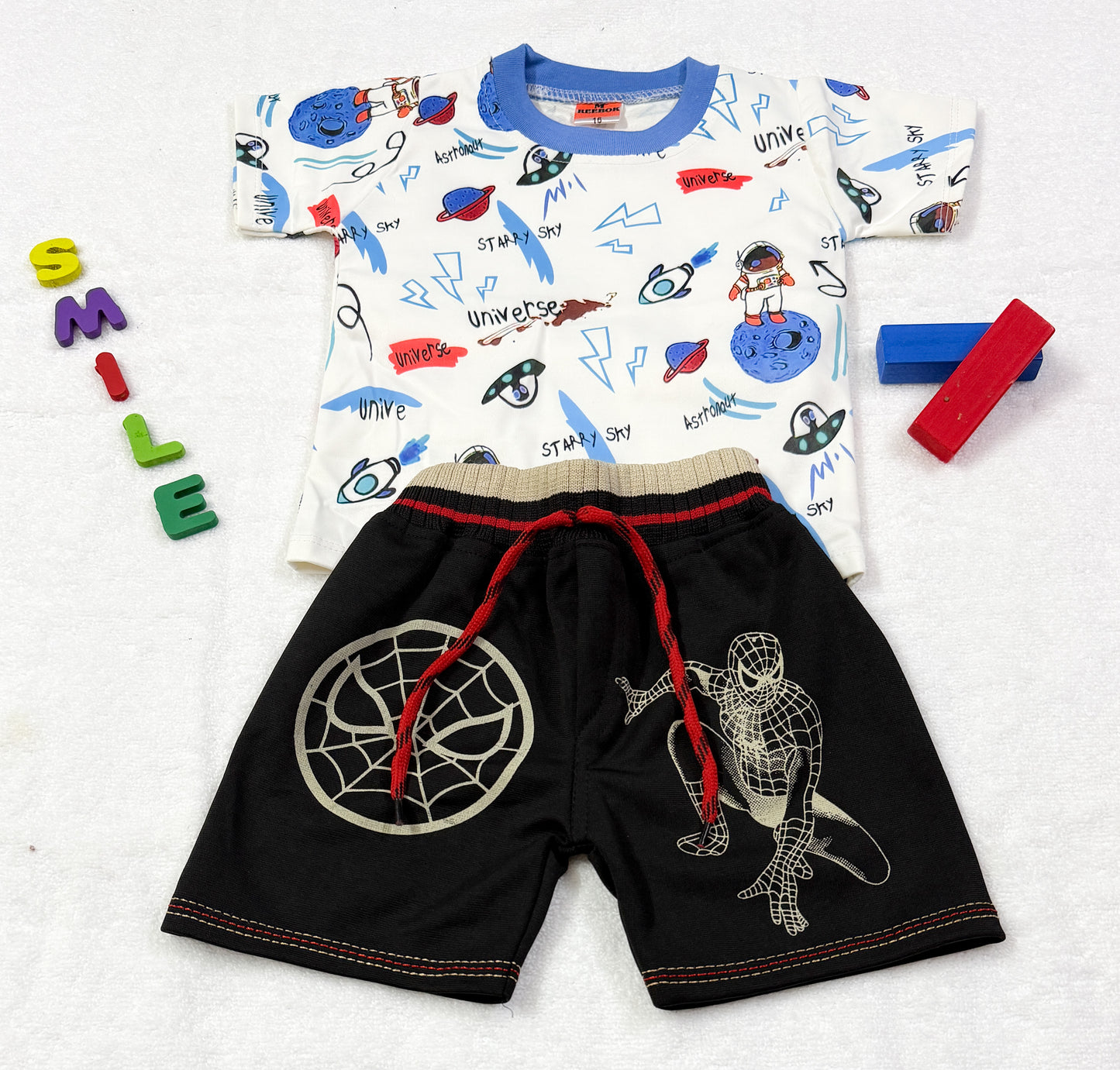 Baby Boy 2-Piece Set – Space Adventure Tee & Spiderman Shorts