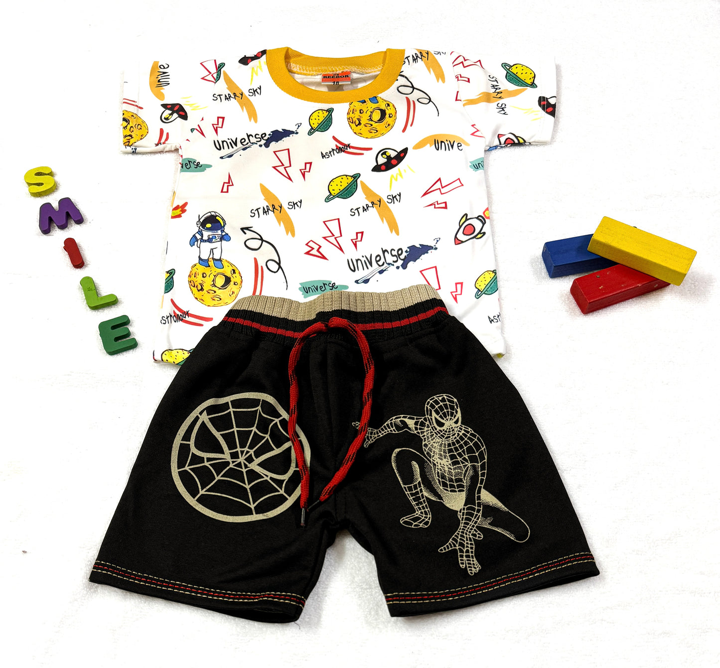 Baby Boy 2-Piece Set – Space Adventure Tee & Spiderman Shorts