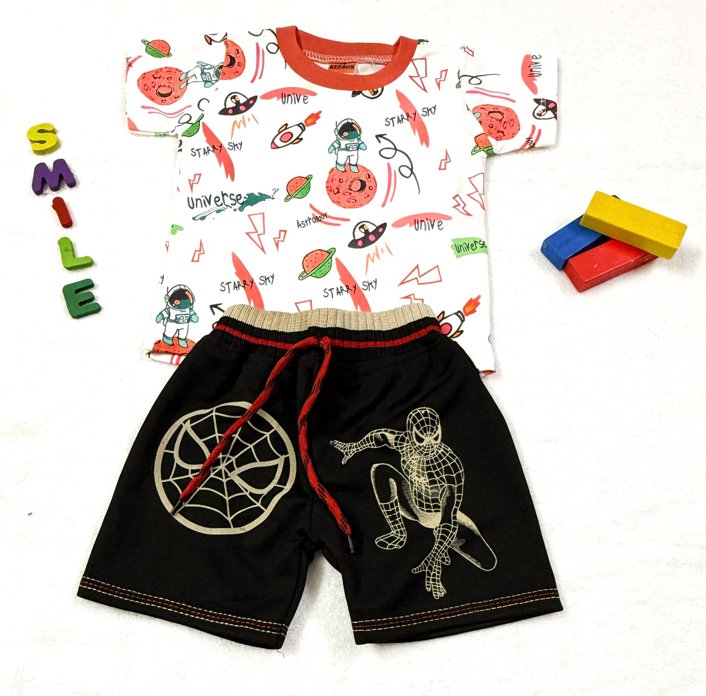 Baby Boy 2-Piece Set – Space Adventure Tee & Spiderman Shorts