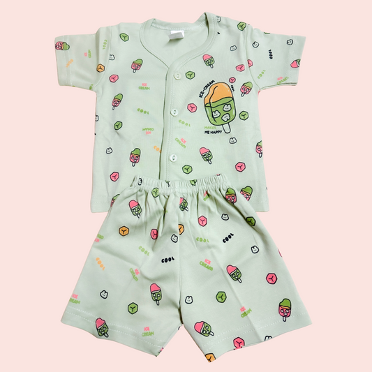 Mint Green Baby Summer Co-ord Set – Ice Cream Print (Size: 6–12 Months)