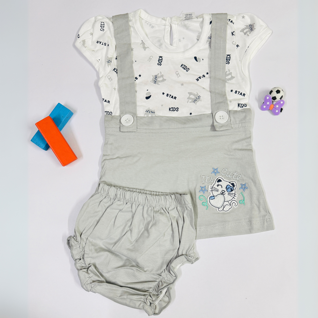 Cute Grey Suspender Dress Set with Printed Tee & Bloomers – Size L (12–18 Months)