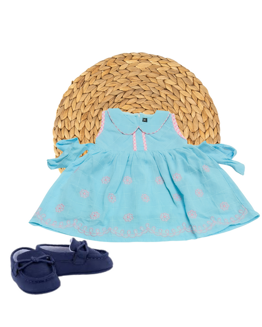 Floral Embroidery  Sky Blue Baby Girl Frock