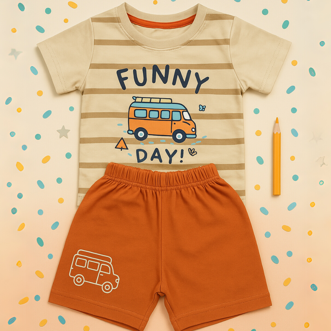 Mini Hug "Funny Day" Baby Boys' Co-ord Set – Beige & Orange Explorer Edition