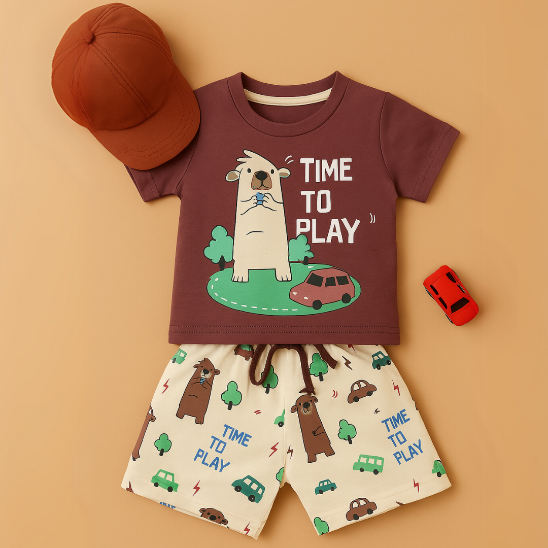 Mini Hug "Time to Play" Baby Boys' T-Shirt – Reddish Purple Bear Print Tee