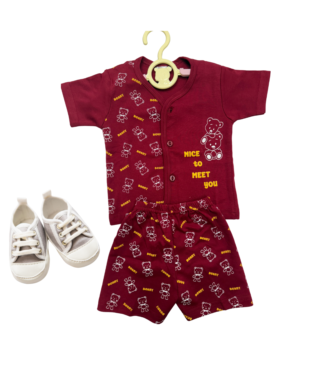 MINIHUG Beary Maroon Cotton Co-ord Set for Babies (3-6 Months) – Unisex