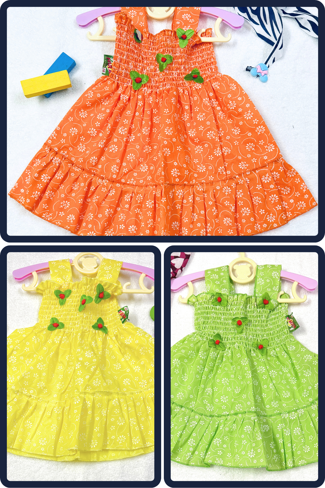 Combo Pack – 3 Baby Girl Dresses (orange, yellow, green)