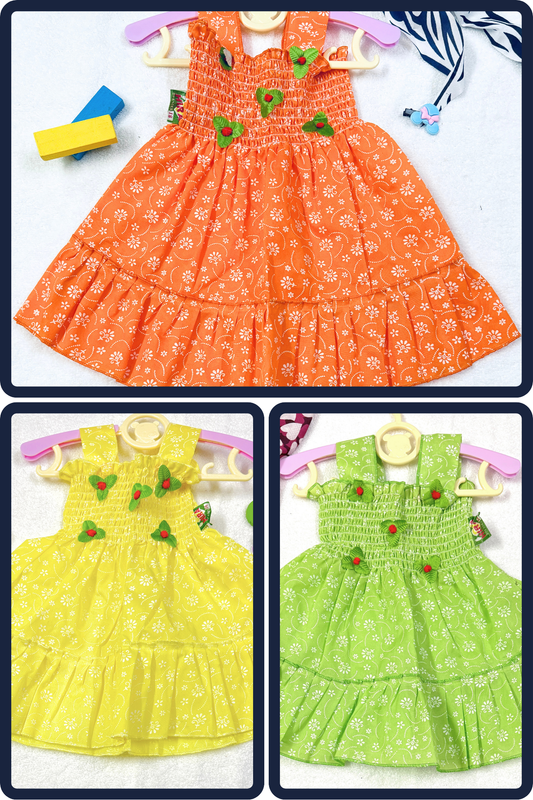 Combo Pack – 3 Baby Girl Dresses (orange, yellow, green)