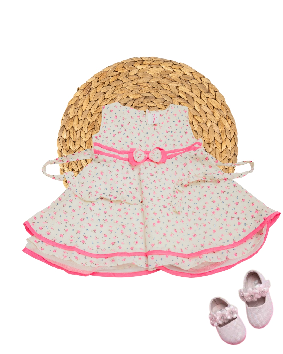 MINIHUG Floral Layered Baby Girl Frock with Pink Bow