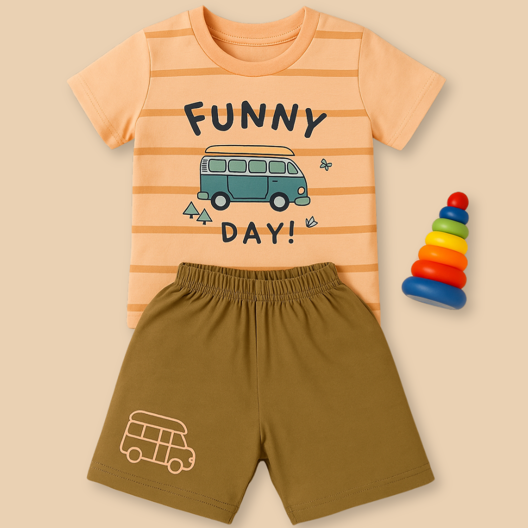 Mini Hug "Funny Day" Baby Boys' Co-ord Set – Orange & Brown Edition