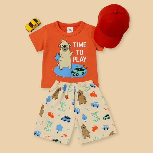 Mini Hug "Time to Play" Baby Boys' Co-ord Set – Orange Bear Adventure Edition