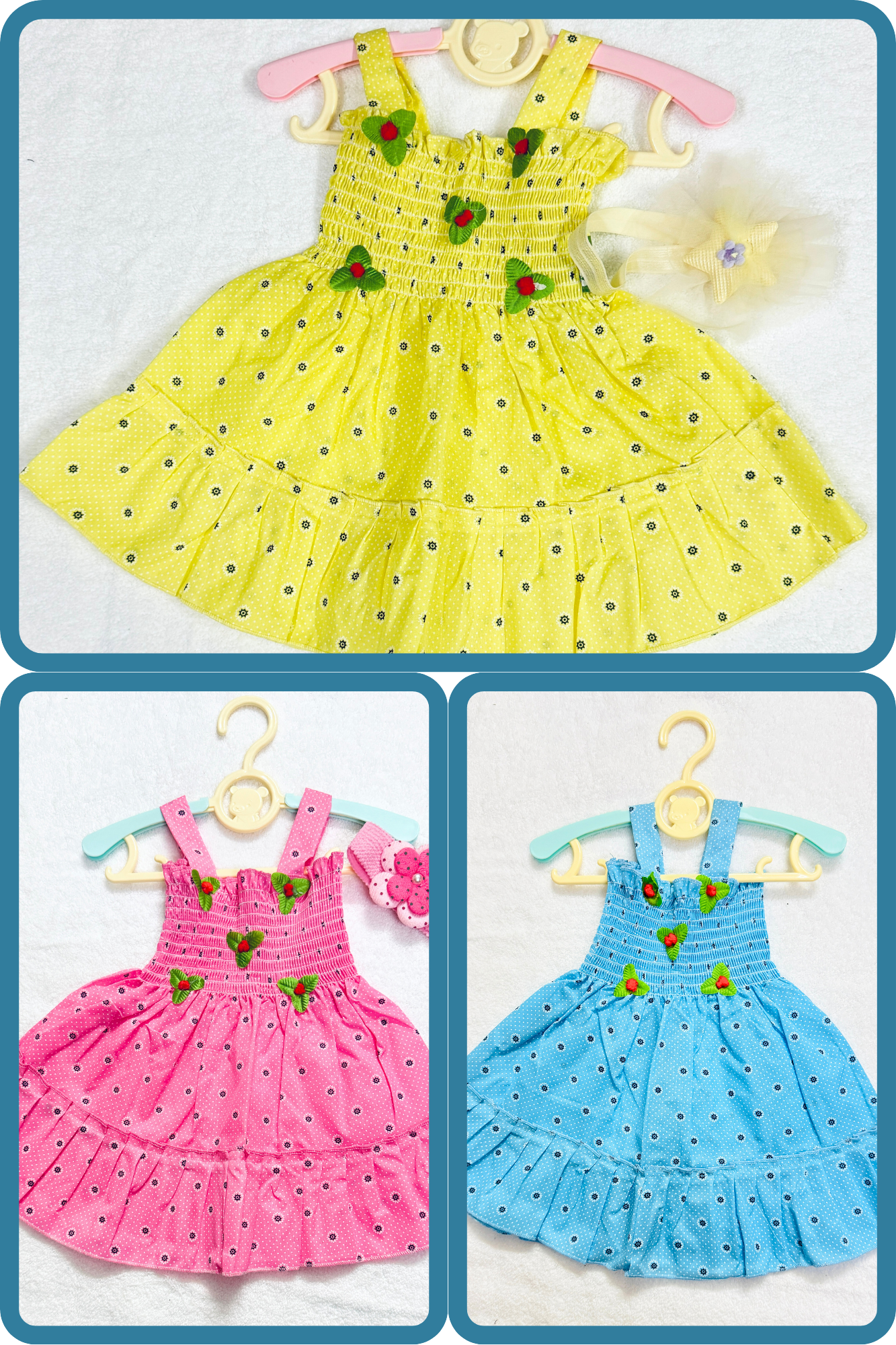 Combo Pack – 3 Baby Girl Dresses (Pink, Blue, Yellow)