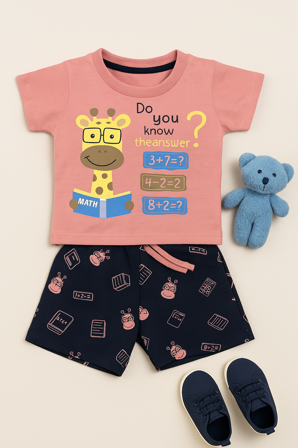 Mini Hug Beige & Navy Math Print Cotton Suit Set – Zero Size (0–3 Months)