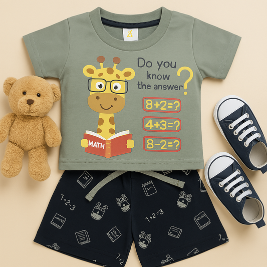Mini Hug Green & Navy Math Print Cotton Suit Set – Zero Size (0–3 Months)