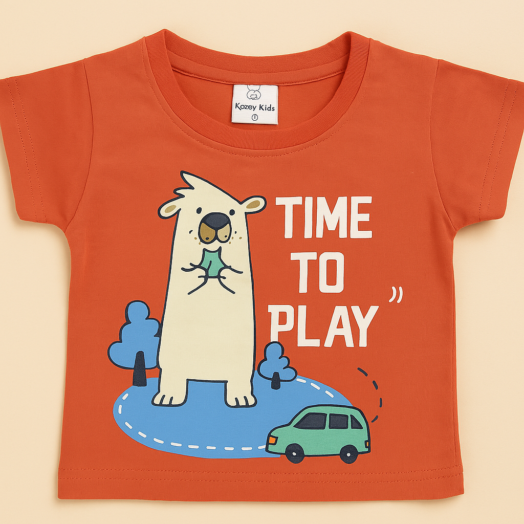 Mini Hug Orange “Time to Play” Printed T-Shirt – Zero Size (0–3 Months)