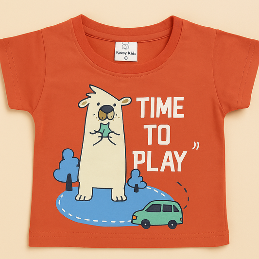 Mini Hug Orange “Time to Play” Printed T-Shirt – Zero Size (0–3 Months)
